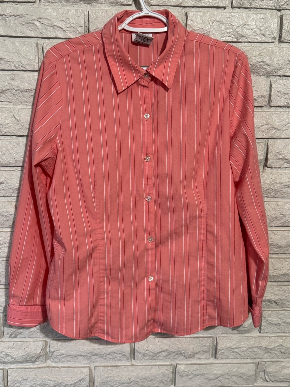 George Stretch Ladies Long Sleeve Button-Down Shirt – Coral Striped – XL (16/18)